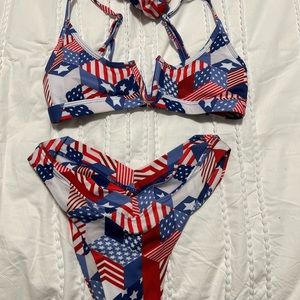 OneOne red, white, blue bikini and scrunch. Size small.